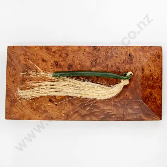 Modern Design Master Carved Kawakawa Greenstone Frond in Burr Kauri Display Box