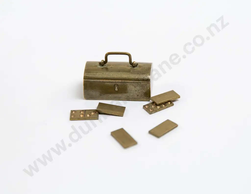 Vintage Miniature Brass Chest Charm containing 13 Domino Tiles Image 1++