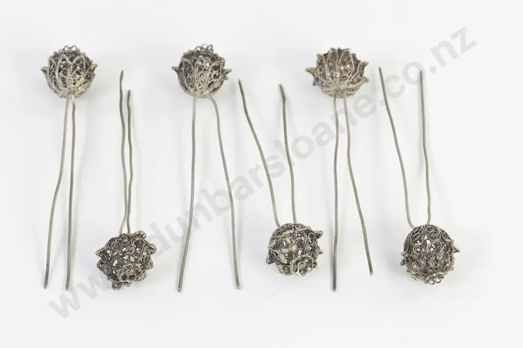 Six Vintage Silver Filigree Juda Pin Hair Decorations Image 1++