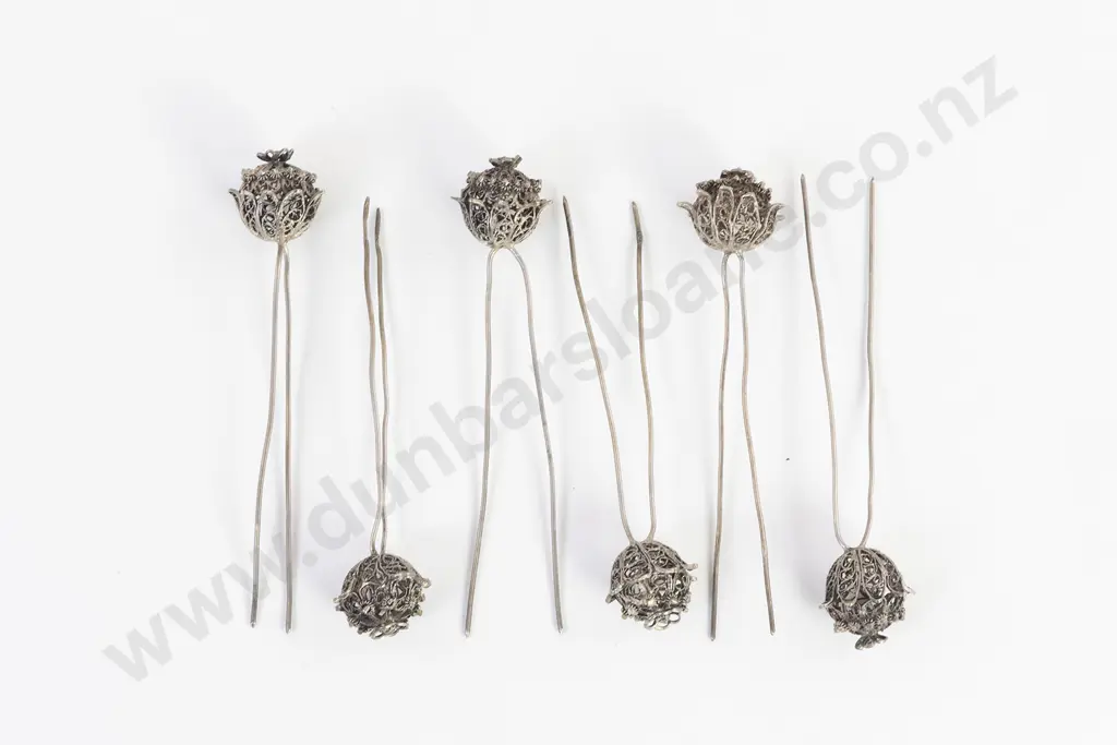 Six Vintage Silver Filigree Juda Pin Hair Decorations Image 1++