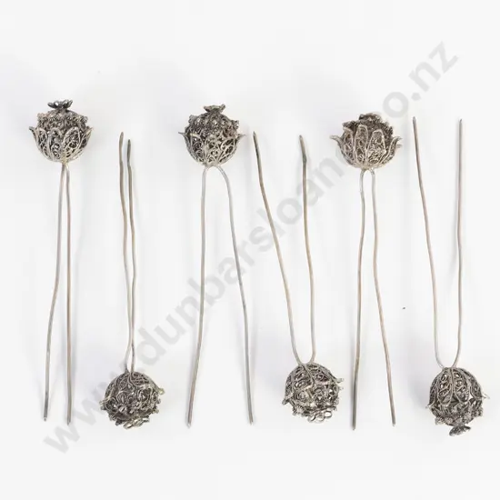Six Vintage Silver Filigree Juda Pin Hair Decorations