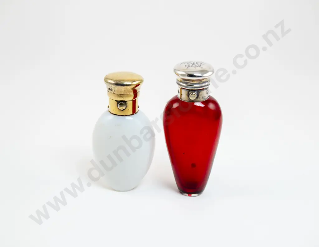 Two Victorian Cranberry and Milk Glass Scent Phials Image 1++