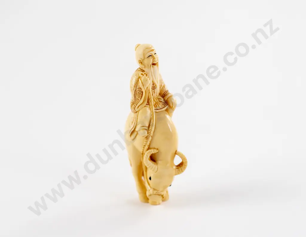Signed Ivory Netsuke of an Immortal Riding a Water Buffalo Image 1++