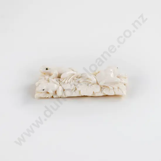 Carved Marine Ivory Okimono of Three Frogs and Eagle Head