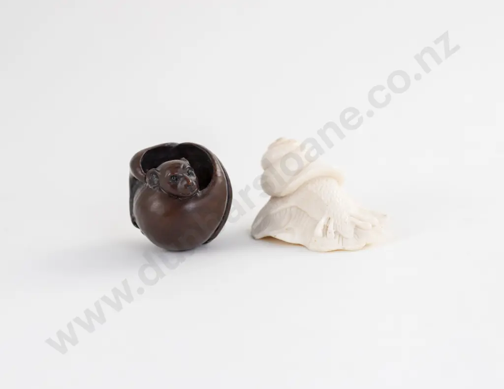 Carved Marine Ivory and Fruitwood Okimono and Netsuke Image 1++