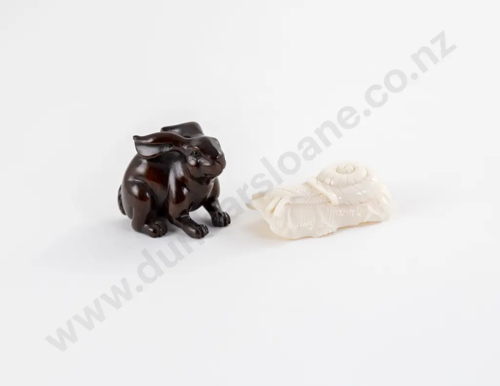 Carved Marine Ivory and Fruitwood Okimono and Netsuke Image 1++