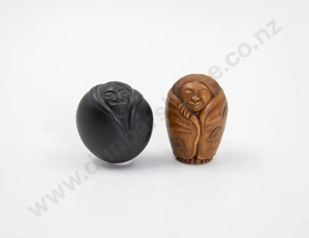 Signed Carved Fruitwood Netsuke of woman wrapped in a blanket Image 1++