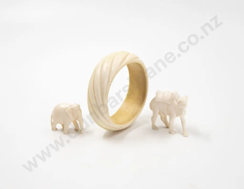 Carved Ivory Bangle together with small carved ivory camel and elephant Image 1++