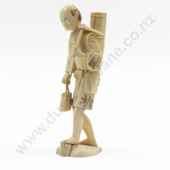 Japanese Signed Carved Ivory Figure of a Farmer