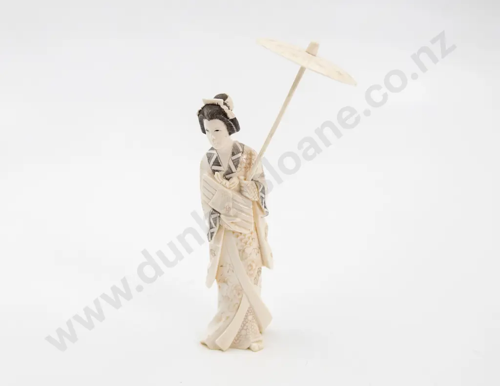 Japanese Carved Ivory Bijin Standing Figure holding an Umbrella Image 1++