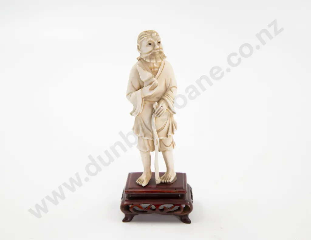 Chinese Carved Ivory Immortal with staff and holding a gourd on stand 13cmH Image 1++