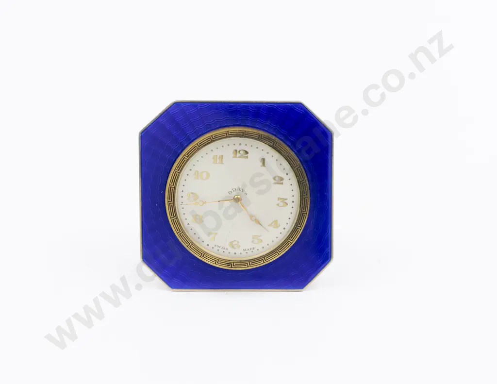 Art Deco Sterling Silver and Blue Guilloche Enamel Table Clock Image 1++