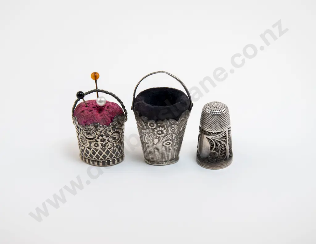 Late C19th European Silver Ornate Basket Thimble Holder Image 1++