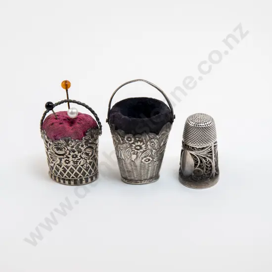 Late C19th European Silver Ornate Basket Thimble Holder