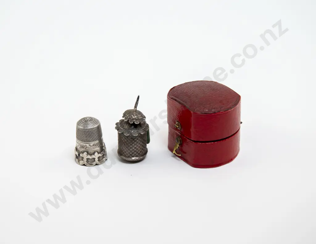 Leather Cased S/S Thimble and Ornate White Metal Cased Tape Measure Image 1++