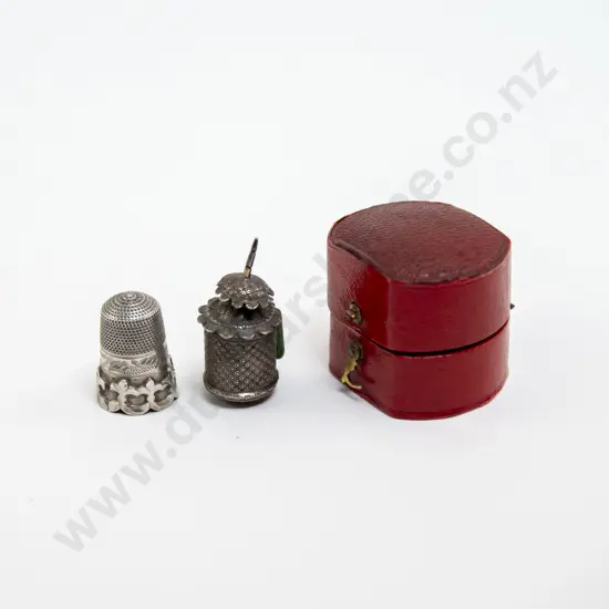 Leather Cased S/S Thimble and Ornate White Metal Cased Tape Measure