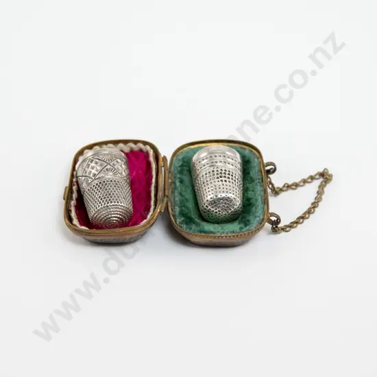 Victorian Gilt Metal Purse Cased S/S Thimble and S/Plated Thimble