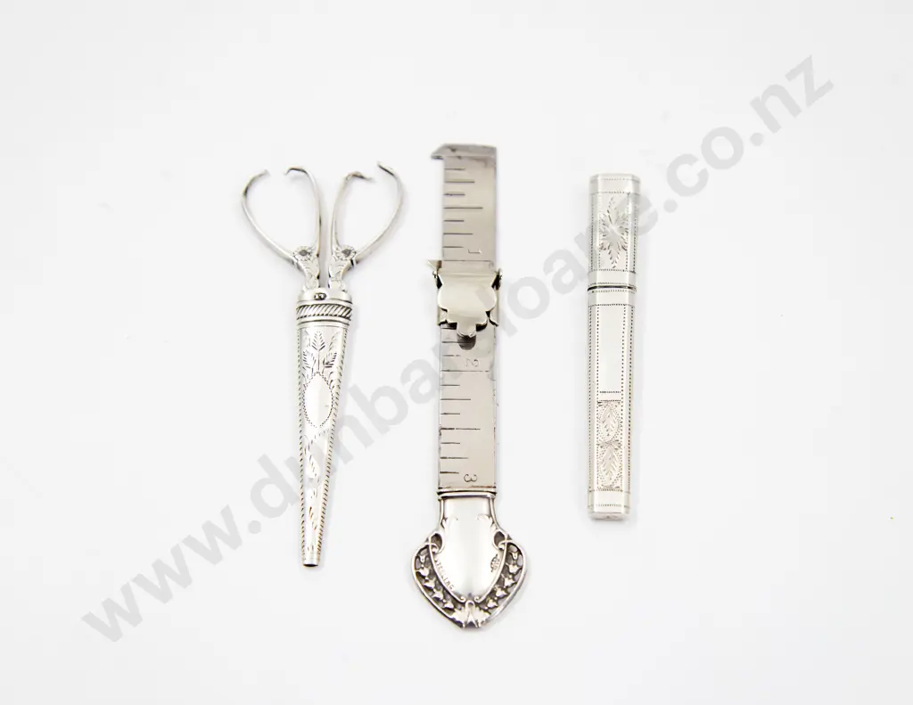 C19th S/S Sewing Needle Case scissors in sheath and ruler Image 1++