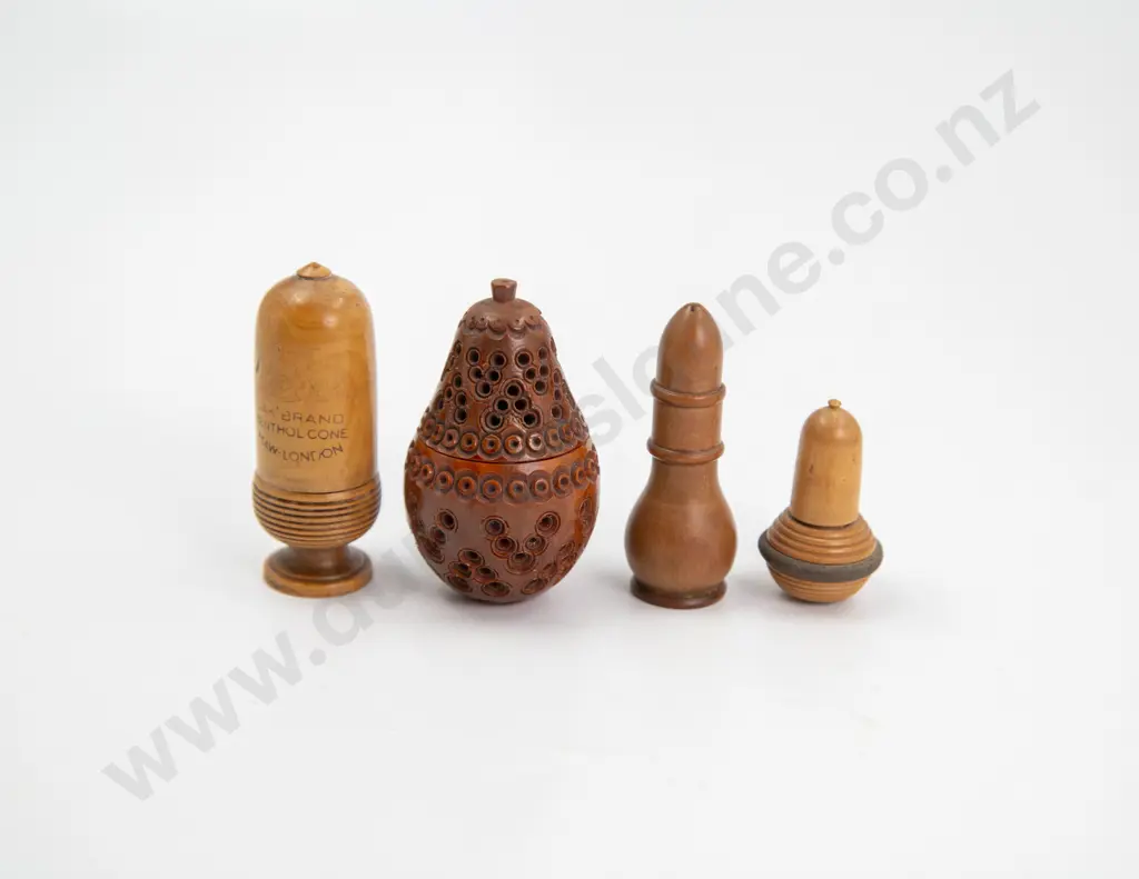 Three Victorian Small Treen Canisters and Vegetable Ivory Carved Wax Holder Image 1++