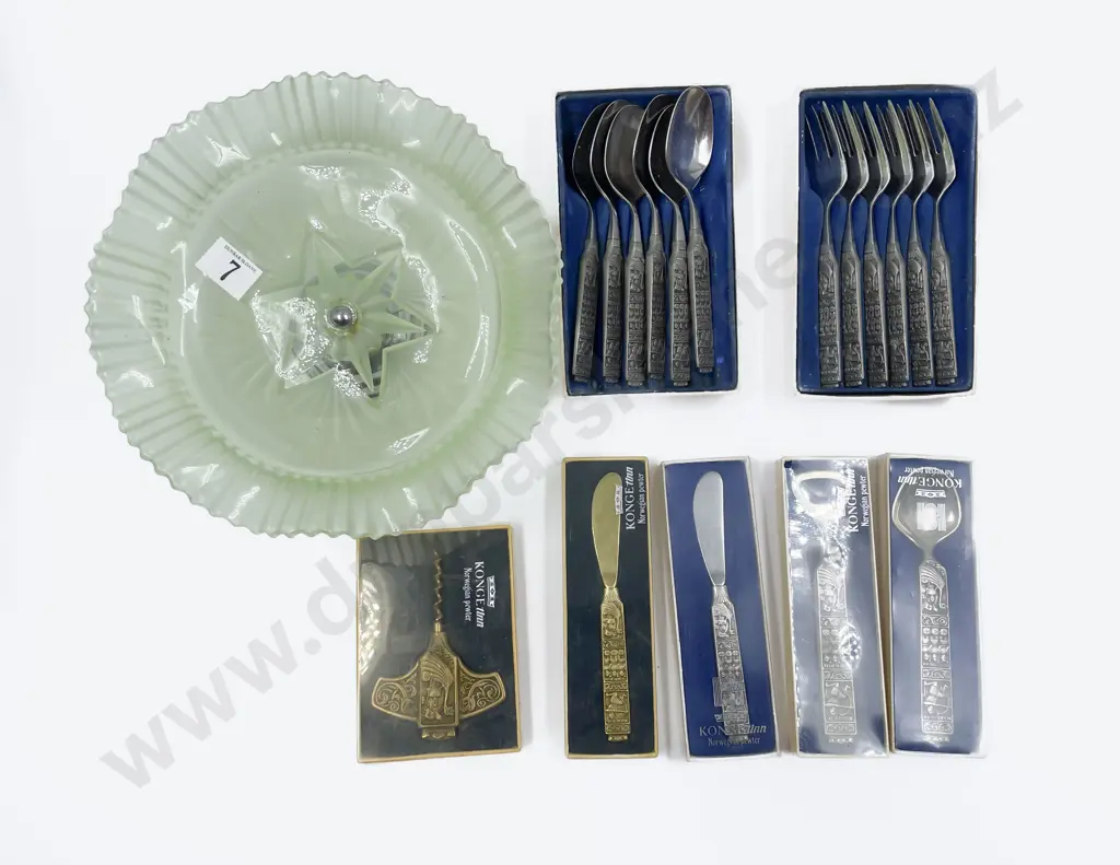 Quantity of Boxed Pewter Cutlery together with Pressed Glass Comport Image 1++