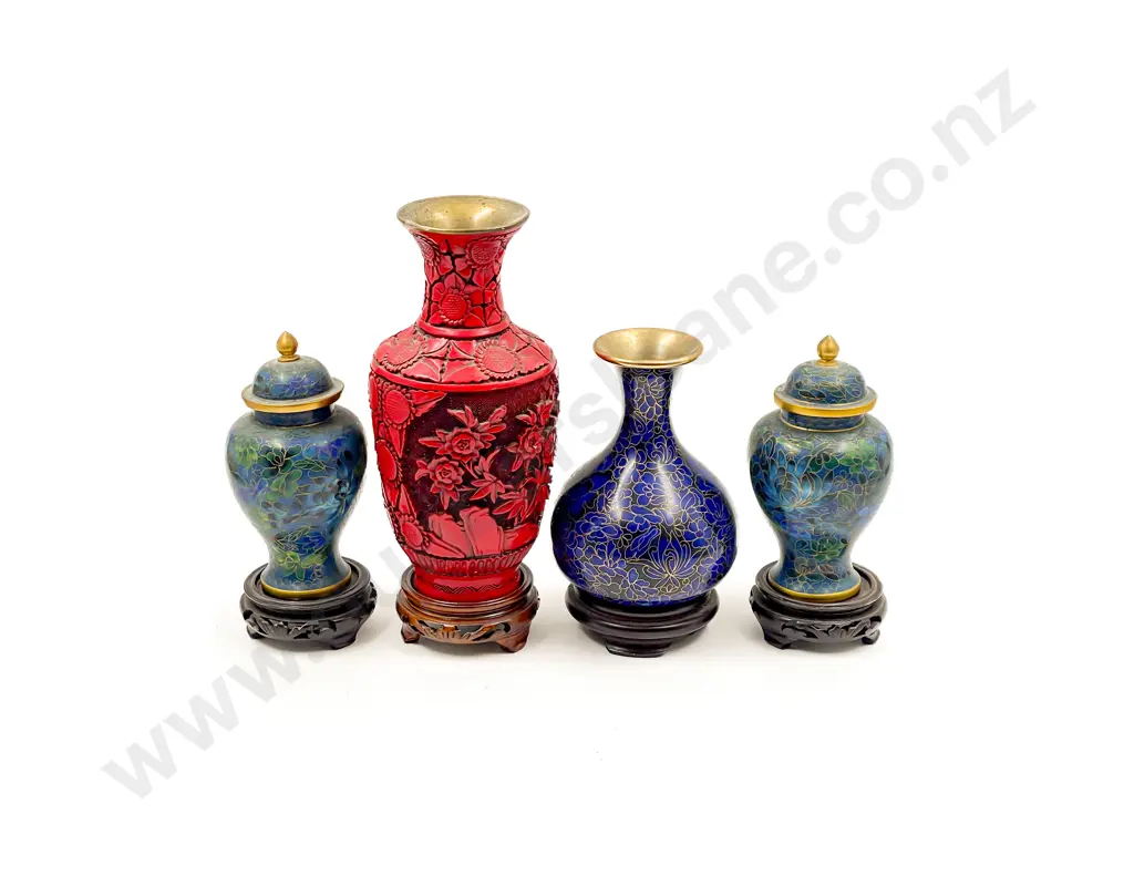 Pair of Cloisonne Vases with Cinnabar Lacquer Vase & Other Image 1++