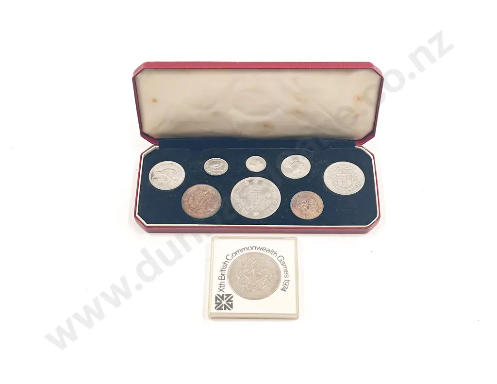 NZ Cased 1953 QEII Eight Coin Set and 1974 $1 Image 1++