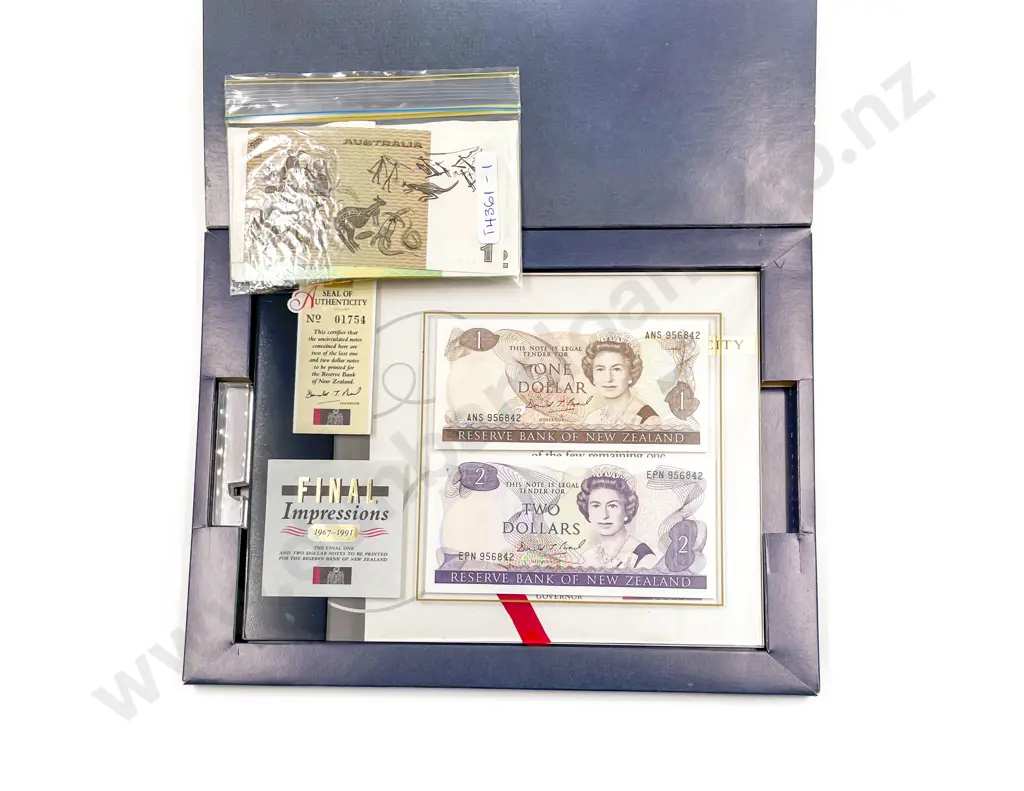 NZ 1991 Final Impressions Pack $1 and $2 notes with $10 x2  and AU $2 x5/$1 x1 Image 1++