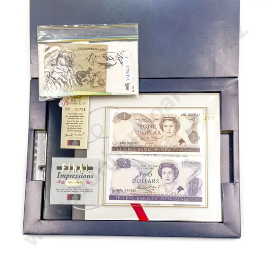 NZ 1991 Final Impressions Pack $1 and $2 notes with $10 x2  and AU $2 x5/$1 x1