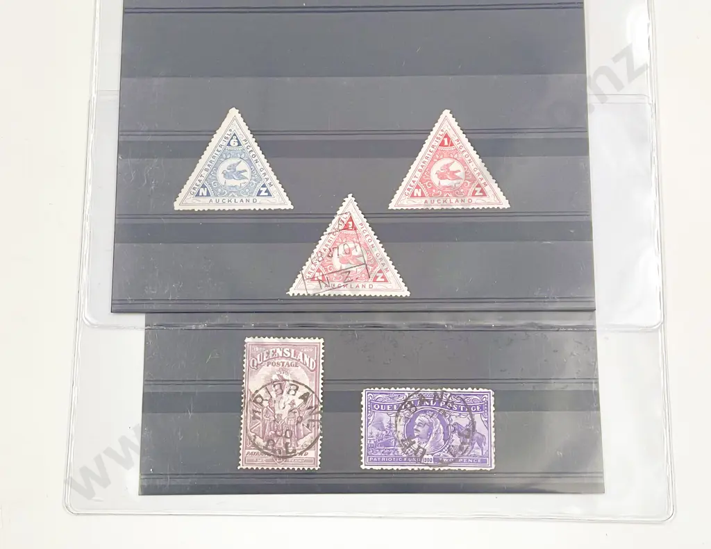 Three Great Barrier Pigeon Gram Stamps and two Victoria Queensland Stamps patriotic fund Image 1++