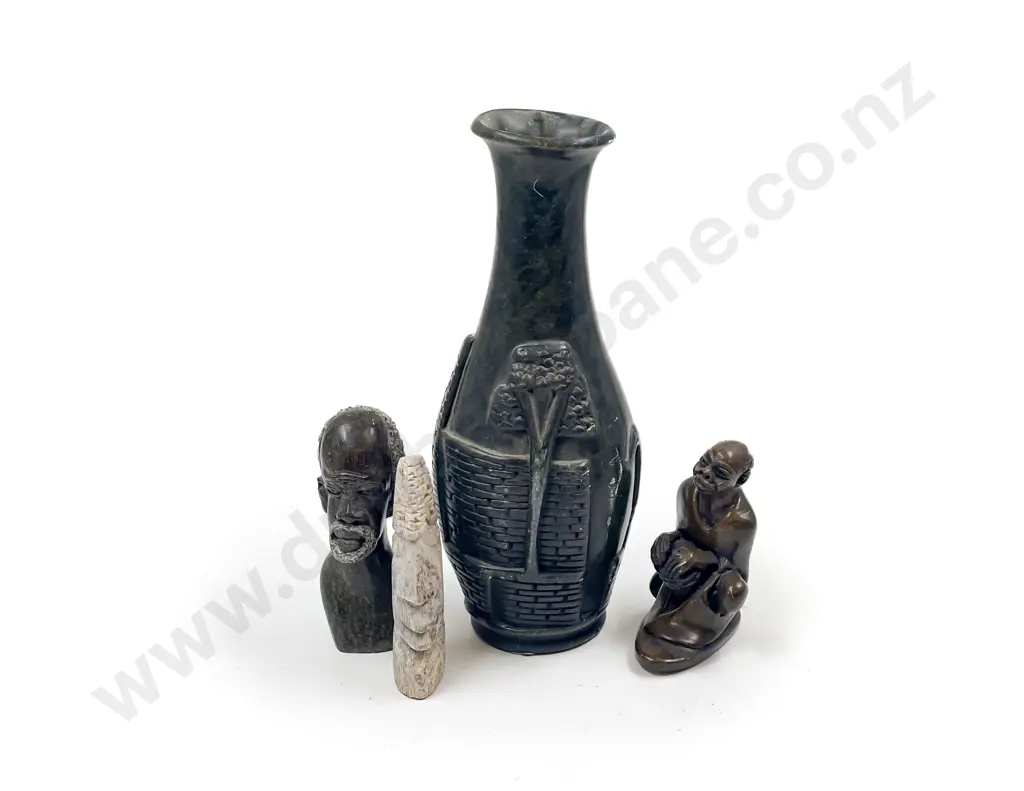 Hardstone Relief Moulded Vase together with Three Figures Image 1++