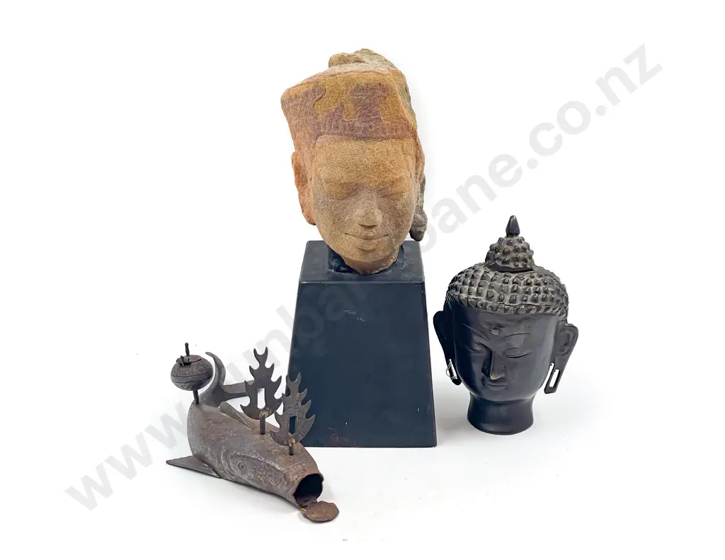 Stone Bust on Stand together with Bronze Buddha Head & Other Image 1++