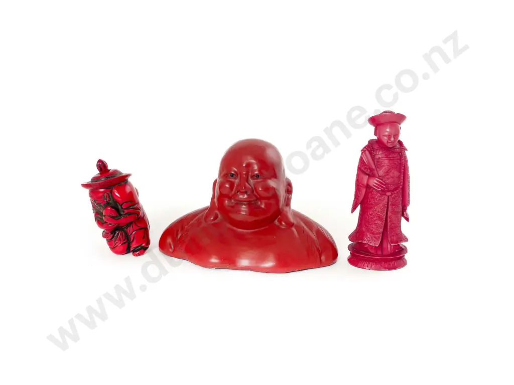 Red Coral Snuff Man Together with Red Dyed Ivory Figure and Lacquered Plaster Buda Image 1++
