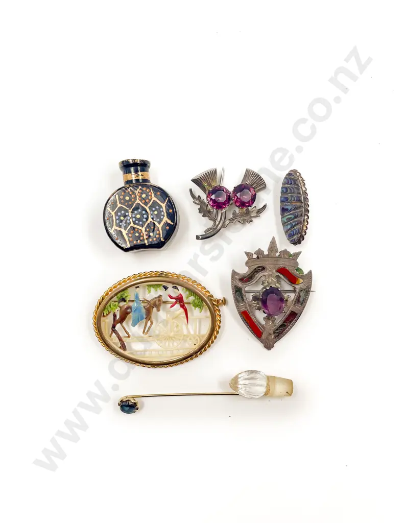 French Hand Painted Lady on Horse Brooch Two S/S Scottish Brooches and Assorted Image 1++