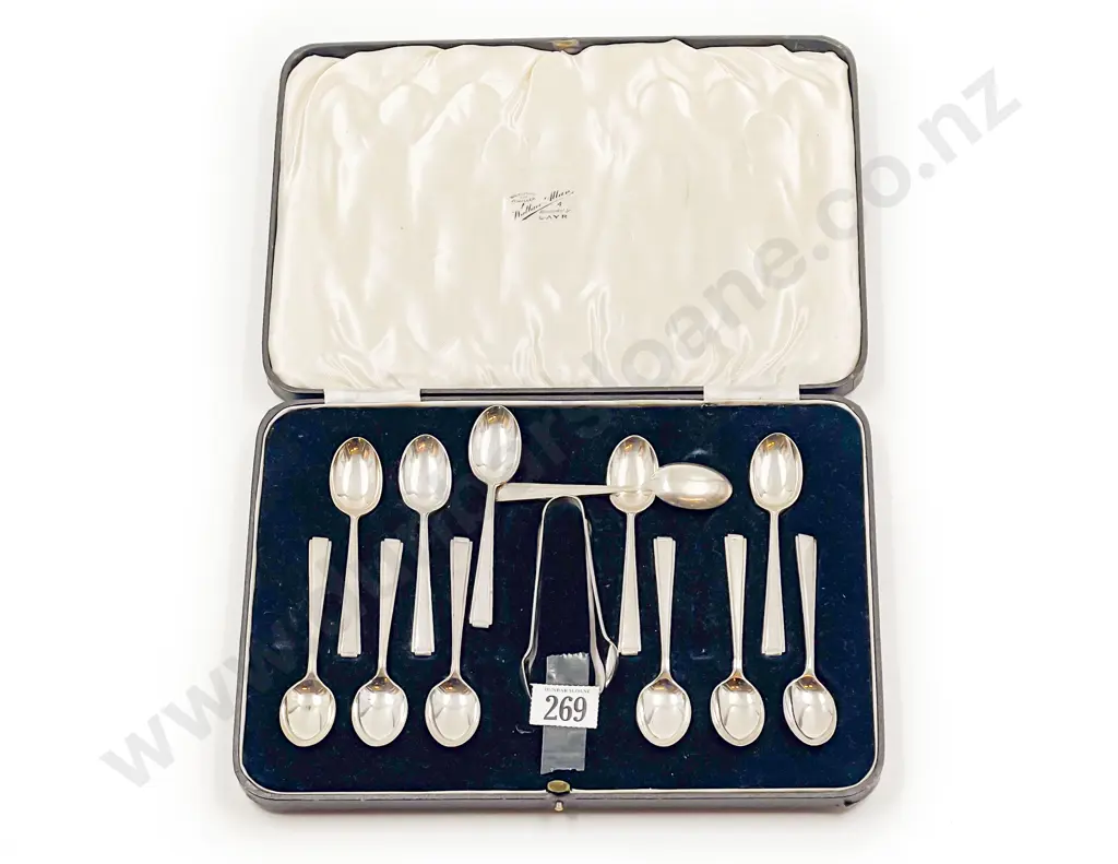 Boxed Set of Twelve Plated Teaspoons & Sugar Tongs Image 1++