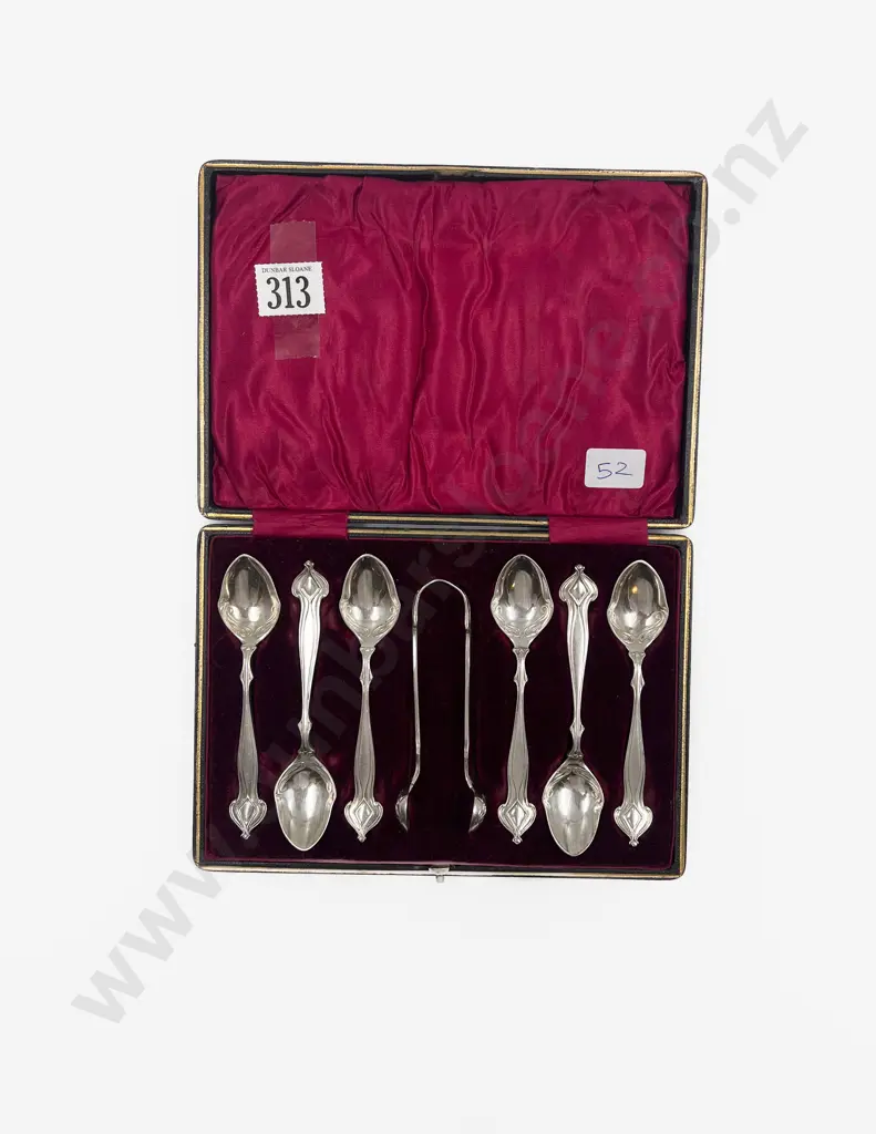 Boxed Set of Art Nouveau S/P Teaspoons & Sugar Tongs Image 1++