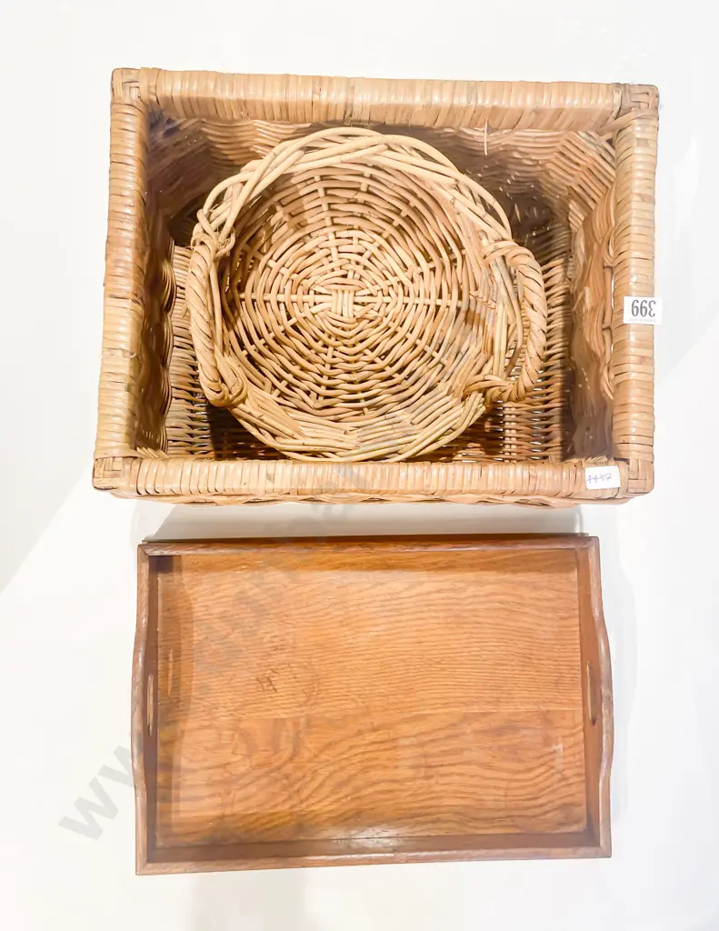 Oak Tray and Two Wicker Items Image 1++
