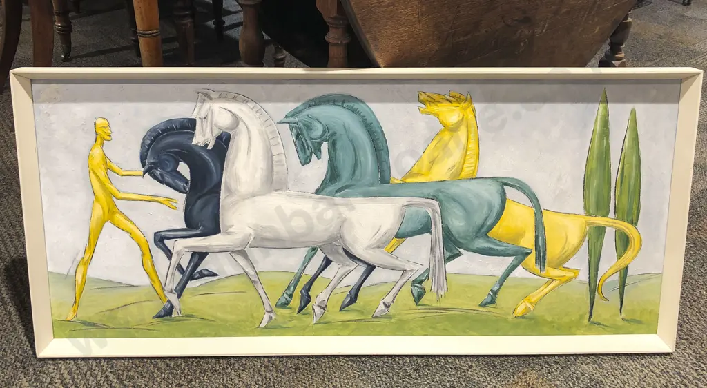 Mid Century Oil on Board Horses in Landscape Image 1++