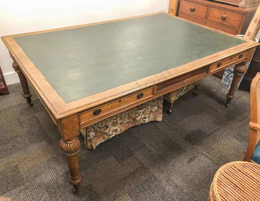 Large Antique Oak Leather Topped Library Table Image 1++