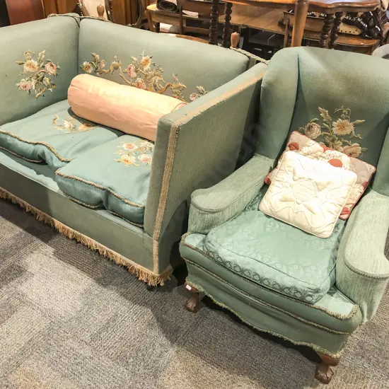 Knole Sofa together with Wingback Armchair in Same Upholstery