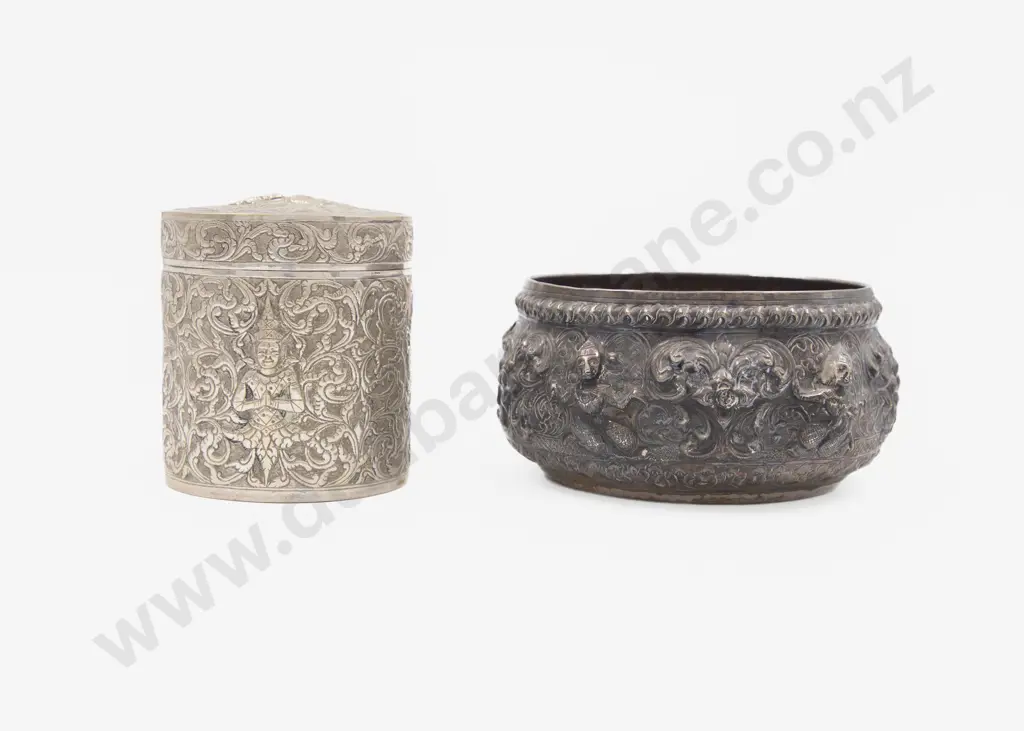 Asian Silver Bowl & Lidded Cylindrical Jar Image 1++