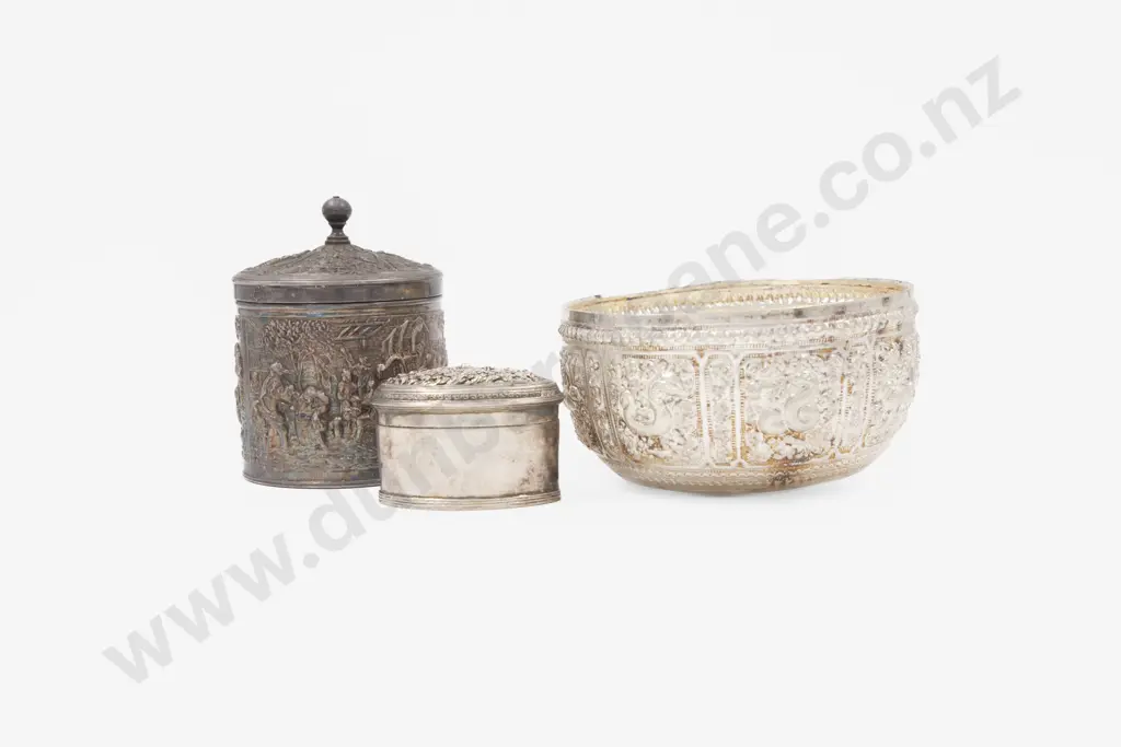 Asian Silver Bowl Lidded Cylindrical Jar & Oval Trinket Box Image 1++