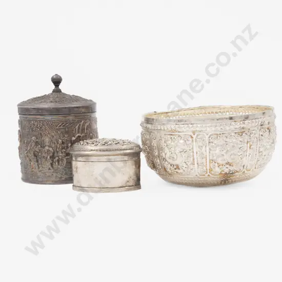 Asian Silver Bowl Lidded Cylindrical Jar & Oval Trinket Box