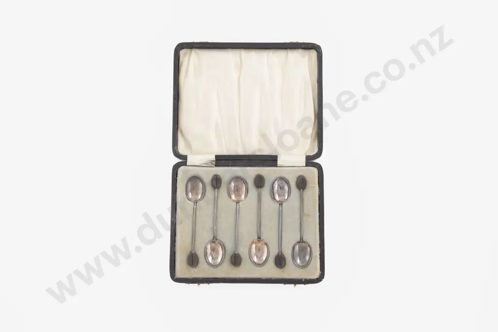 Cased Set 6 Geo V S/S Bean Top Coffee Spoons Image 1++