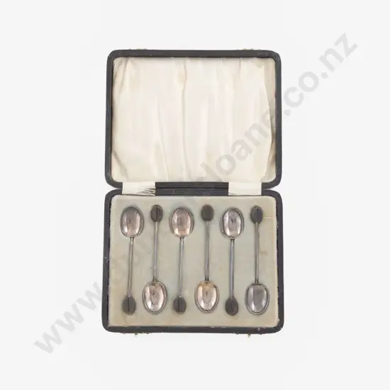 Cased Set 6 Geo V S/S Bean Top Coffee Spoons