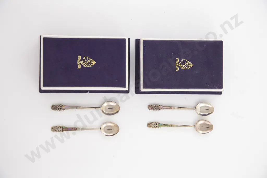 2 Boxed Pairs Of NZ S/S & Paua Shell Coffee Spoons Image 1++
