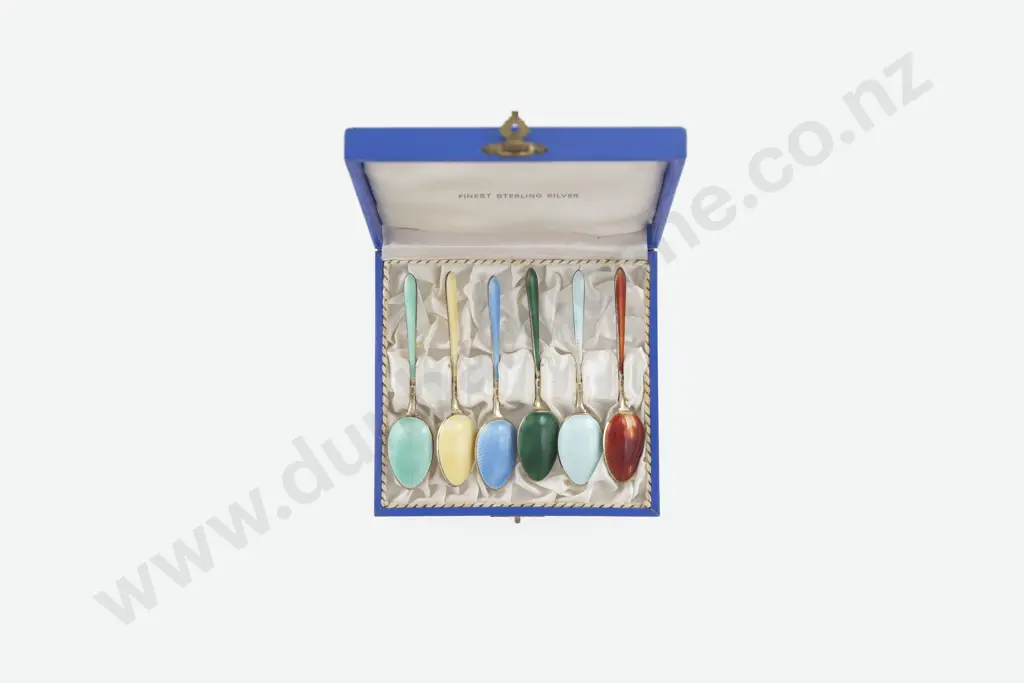 Cased Set Of 6 S/S Gilt & Coloured Enamel Coffee Spoons Image 1++