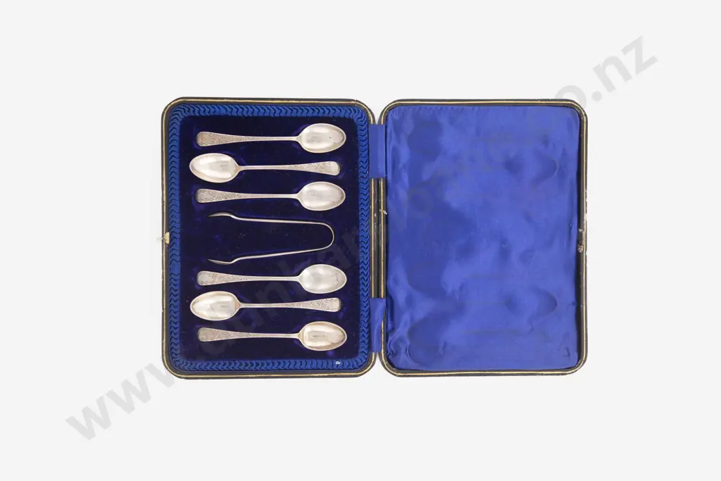 Cased Set Of 6 Geo V S/S Teaspoons & Tongs Image 1++