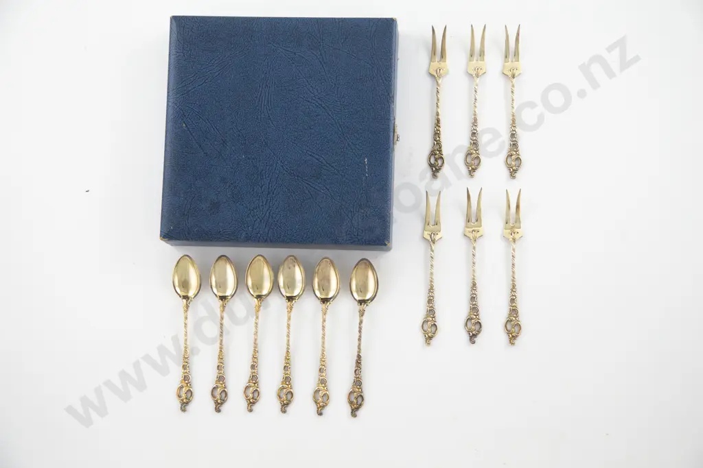 Cased Set Of 6 Norwegian S/S Gilt Coffee Spoons & 6 Matching Cake Forks Image 1++