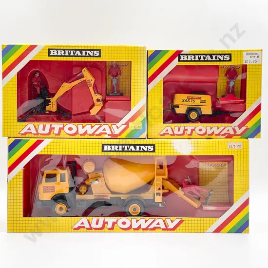 Britains Boxed Autoway 9816 Truck Mixer 9838 Rear Digger 9840 Compressor