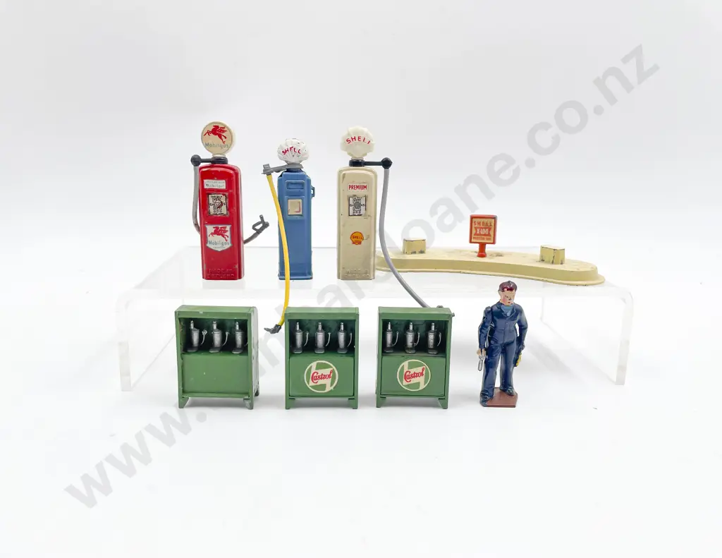 Vintage Britians and Crescent Metal Petrol Pumps Oil Stands and Attendant Image 1++